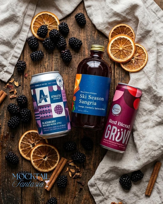 Athletic Brewing cans with Wood Stove Kitchen Ski Season Sangria mixer