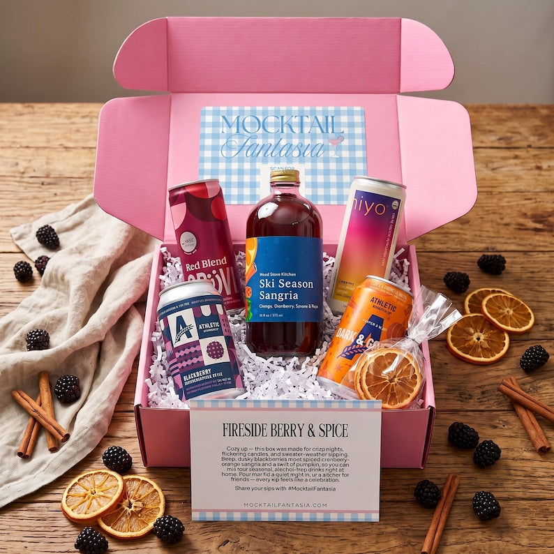 Fireside Berry & Spice fall mocktail gift box with Ski Season Sangria, Grüvi Red Blend, Hiyo and Athletic Brewing cans